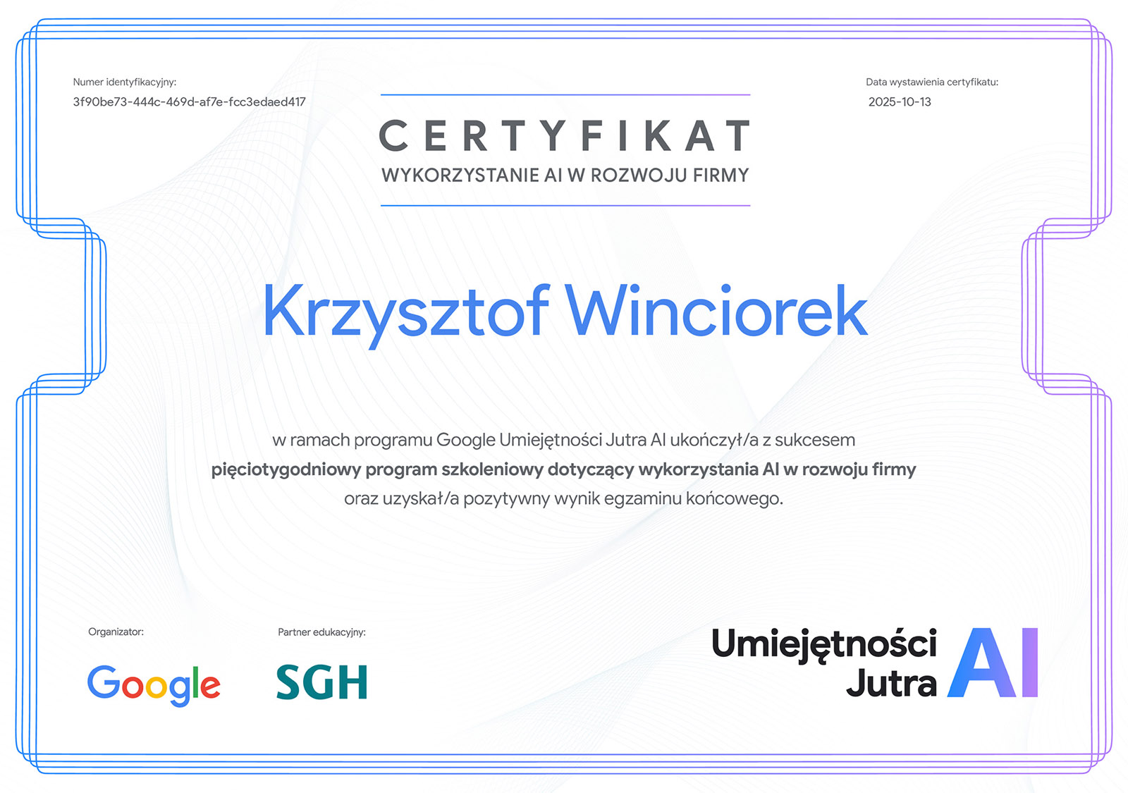 Google Umiejętności jutra AI Certyfikat Krzysztof Winciorek