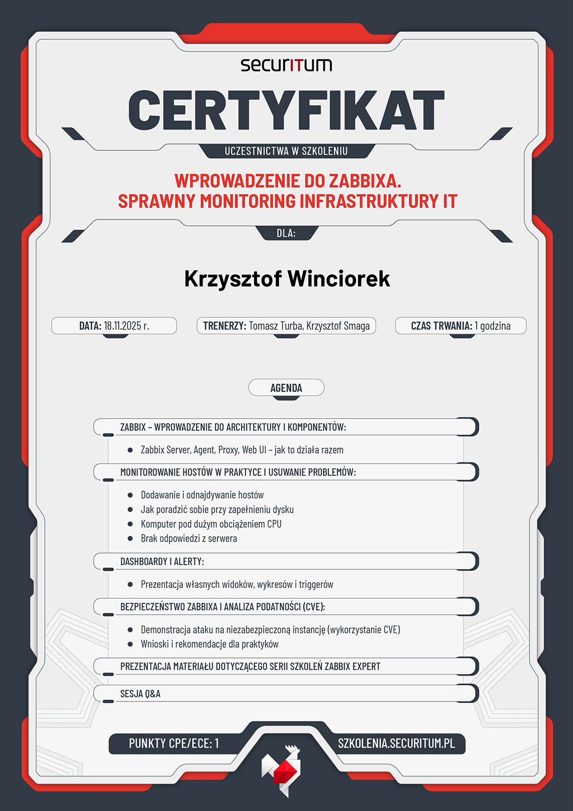 Zabbix - Securitum Certyfikat - Krzysztof Winciorek Zabbix Certyfikat PL od Securitum - Krzysztof Winciorek