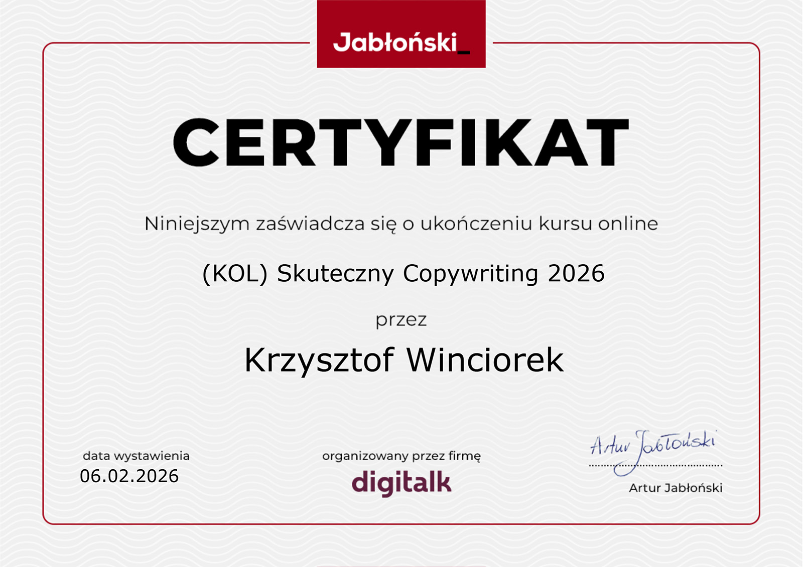 Certyfikat - Skuteczny Copywriting 2026 - Digitalk - Krzysztof Winciorek