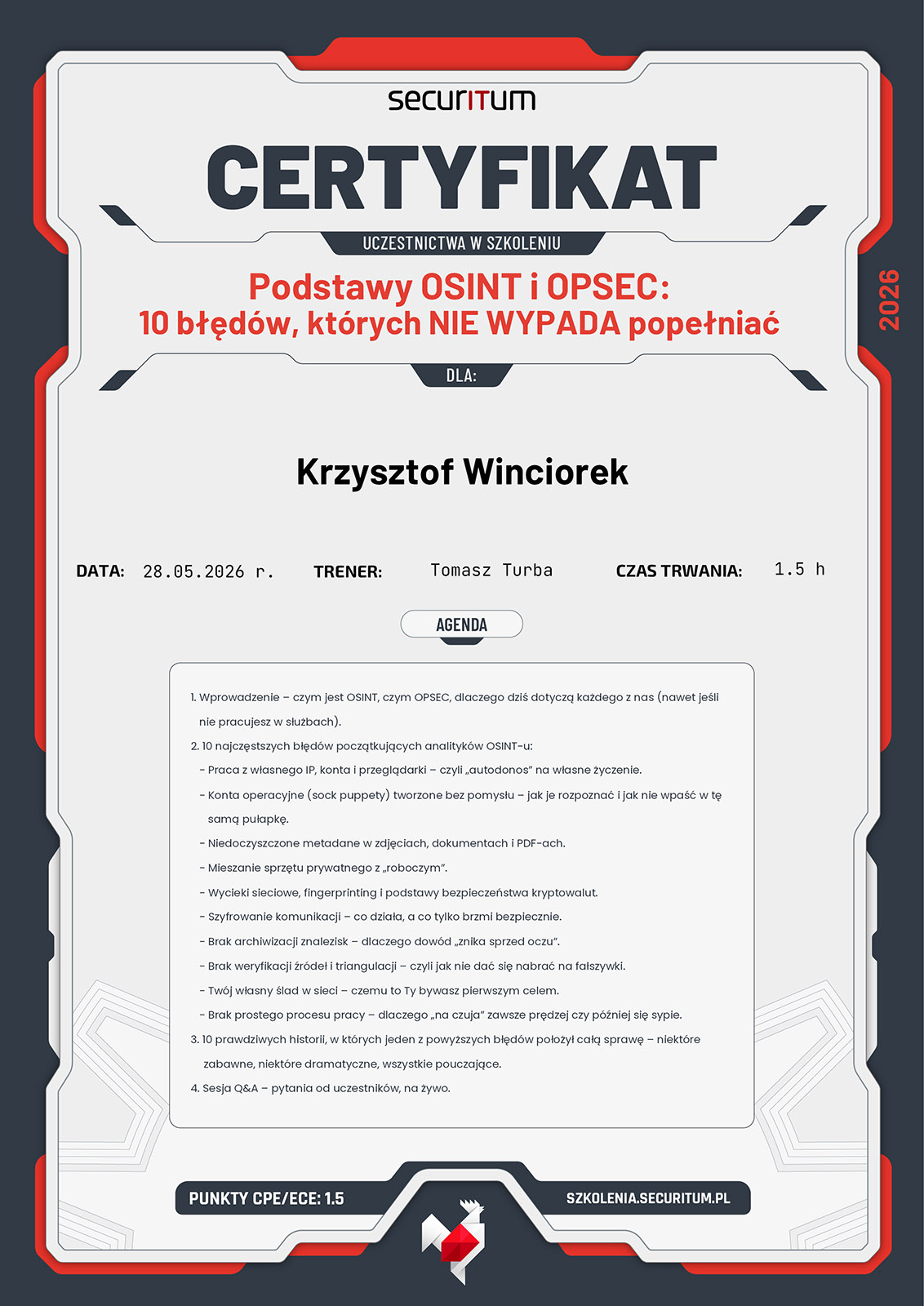 Podstawy OSINT i OPSEC - 10 błędów, których NIE WYPADA popełniać - Certyfikat - Securitum Podstawy OSINT i OPSEC - 10 błędów, których NIE WYPADA popełniać - Certyfikat - Securitum